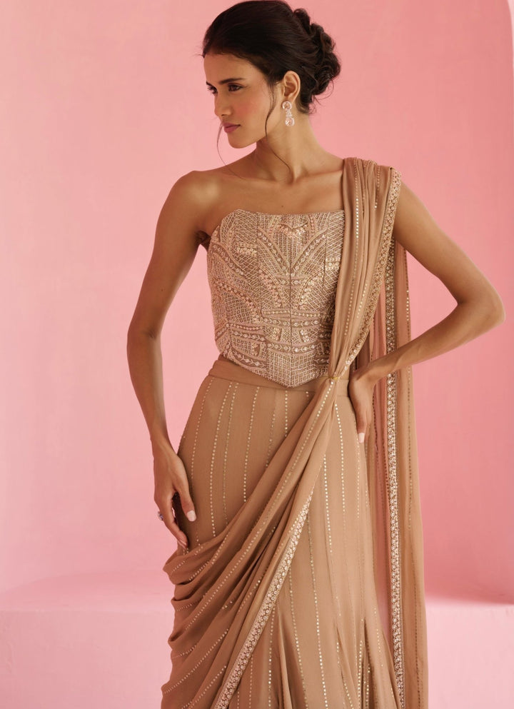 Nude Gold Georgette Predraped Saree Set Chamee and Palak - Fabilicious Fashion