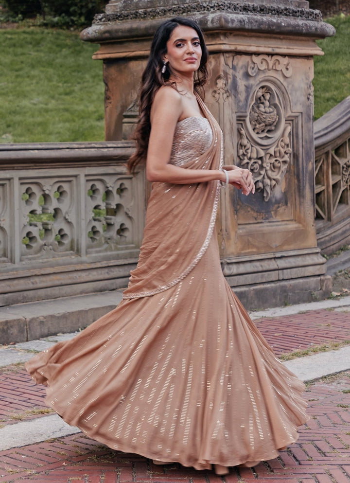 Nude Gold Georgette Predraped Saree Chamee and Palak - Fabilicious Fashion