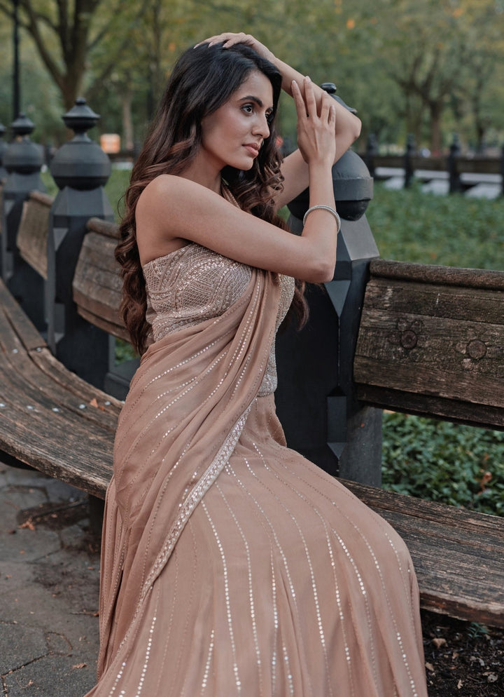 Nude Gold Georgette Predraped Saree Chamee and Palak - Fabilicious Fashion