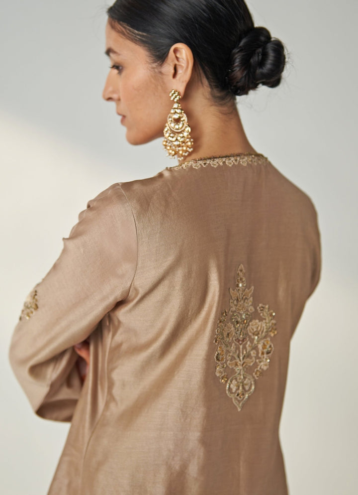 Nude Gold Tulip Embroidered Chanderi Kurta Pants Set Studio Bagechaa - Fabilicious Fashion