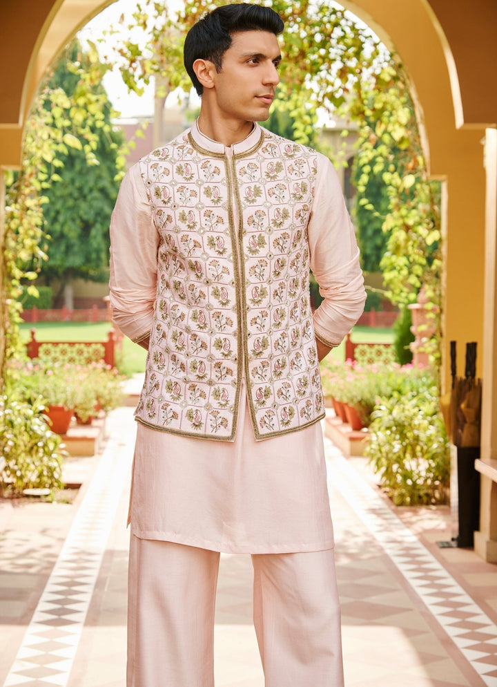 Nude Pink Embroidered Nehru Jacket Set Contrast By Parth - Fabilicious Fashion