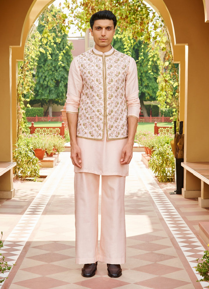 Nude Pink Embroidered Nehru Jacket Set Contrast By Parth - Fabilicious Fashion