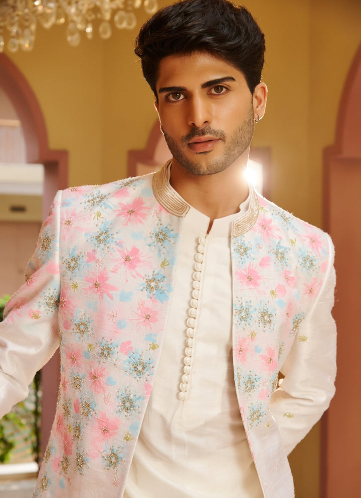 Off White Embroidered Kurta Jacket Set Contrast By Parth - Fabilicious Fashion