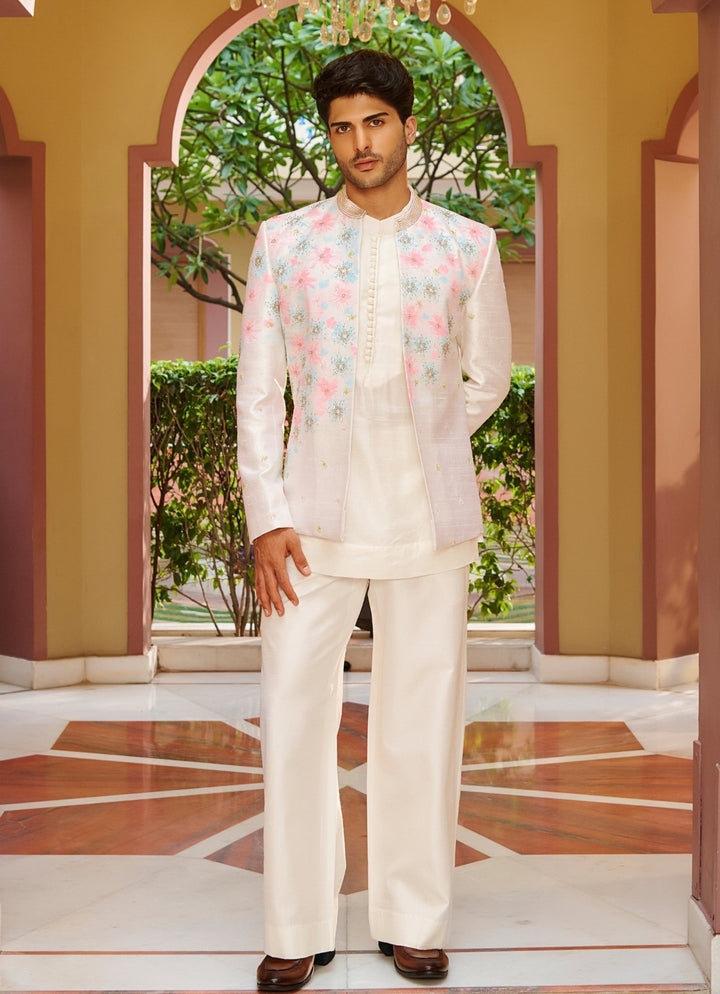 Off White Embroidered Kurta Jacket Set Contrast By Parth - Fabilicious Fashion