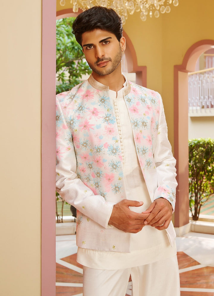 Off White Embroidered Kurta Jacket Set Contrast By Parth - Fabilicious Fashion