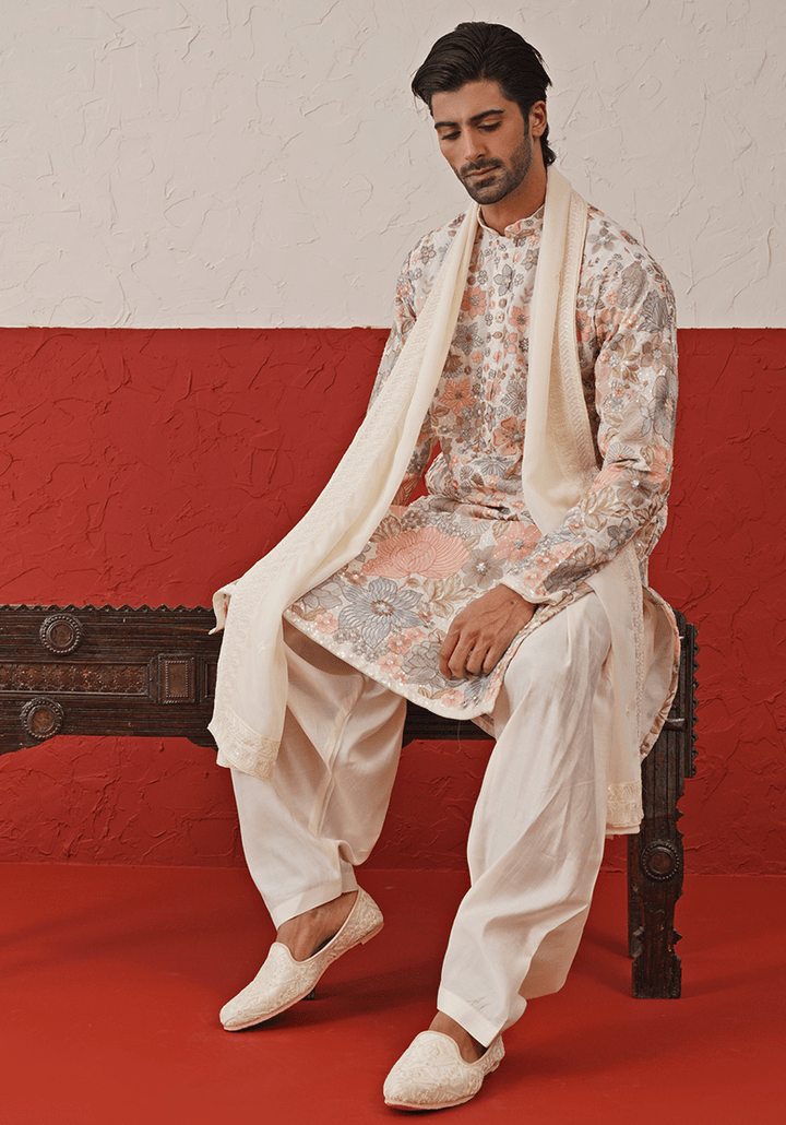 Off White Multi - Color Sequinned Kurta Set With Duppata Kalpraag - Fabilicious Fashion