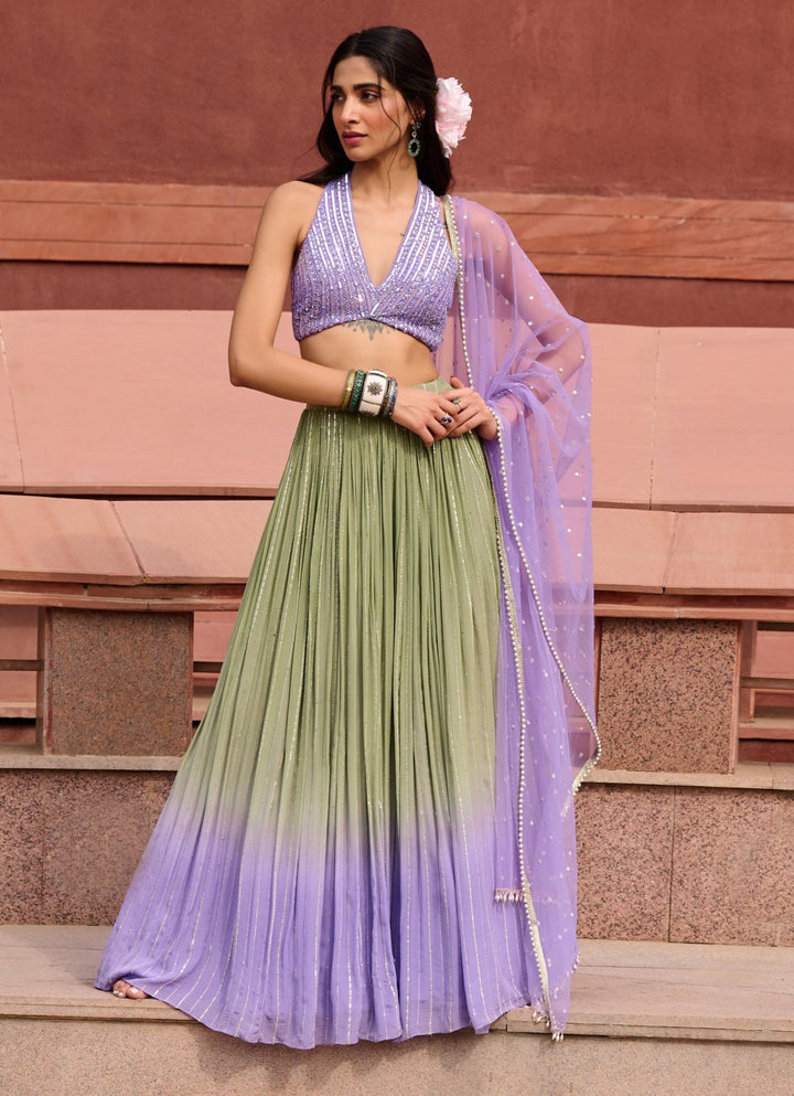 Olive Green and Lavender Ombre Georgette Lehenga Set Chamee and Palak - Fabilicious Fashion