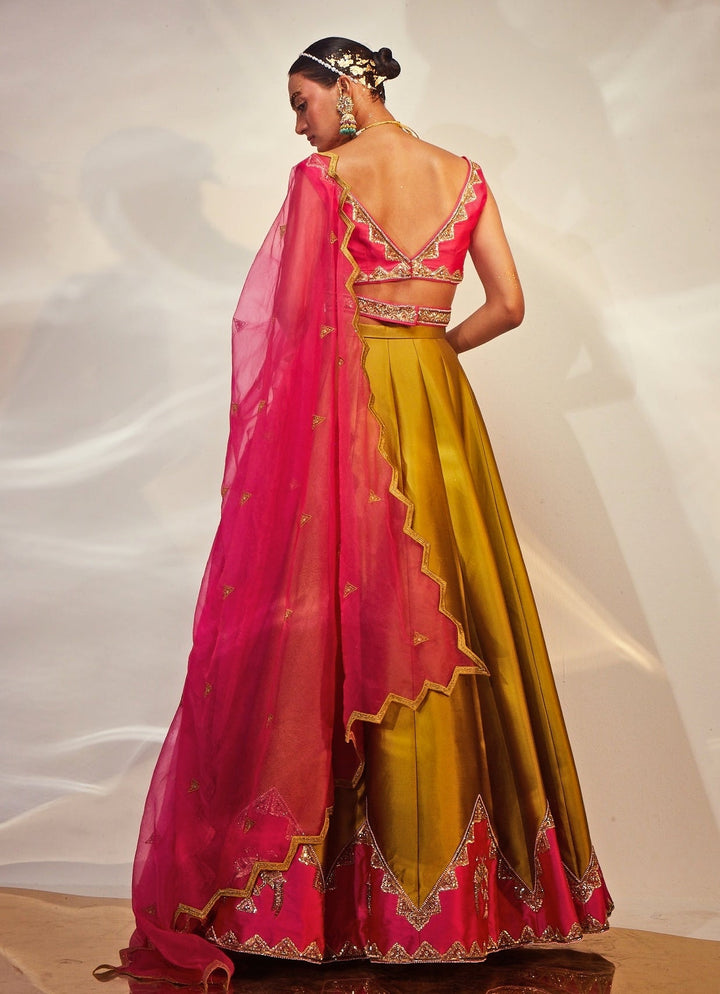 Olive Green Embroidered Silk Lehenga Set Akara - Fabilicious Fashion