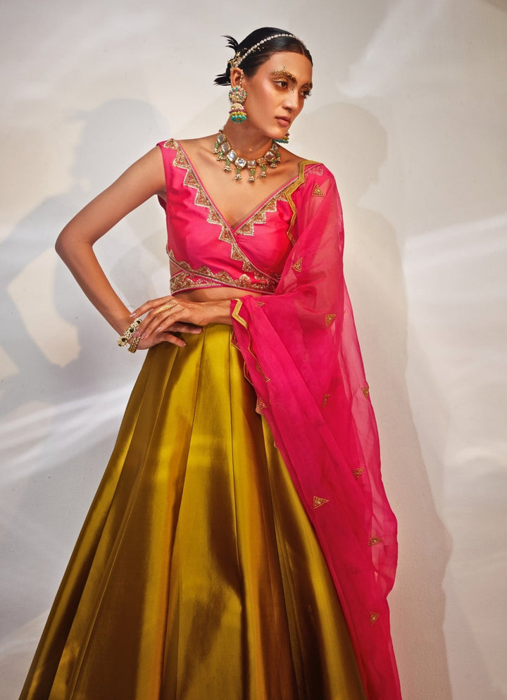 Olive Green Embroidered Silk Lehenga Set Akara - Fabilicious Fashion