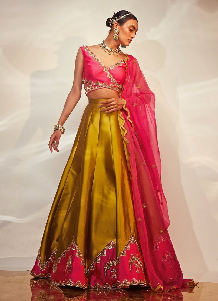 Olive Green Embroidered Silk Lehenga Set Akara - Fabilicious Fashion