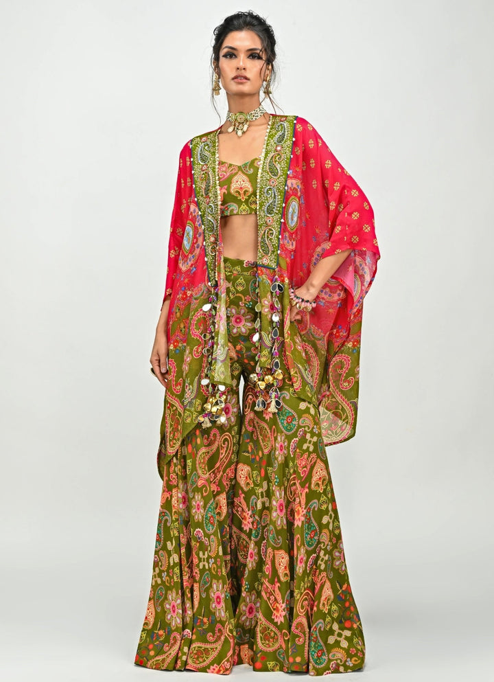 Olive Green Printed Blouse Sharara Set With Toga Juhi Bengani - Fabilicious Fashion