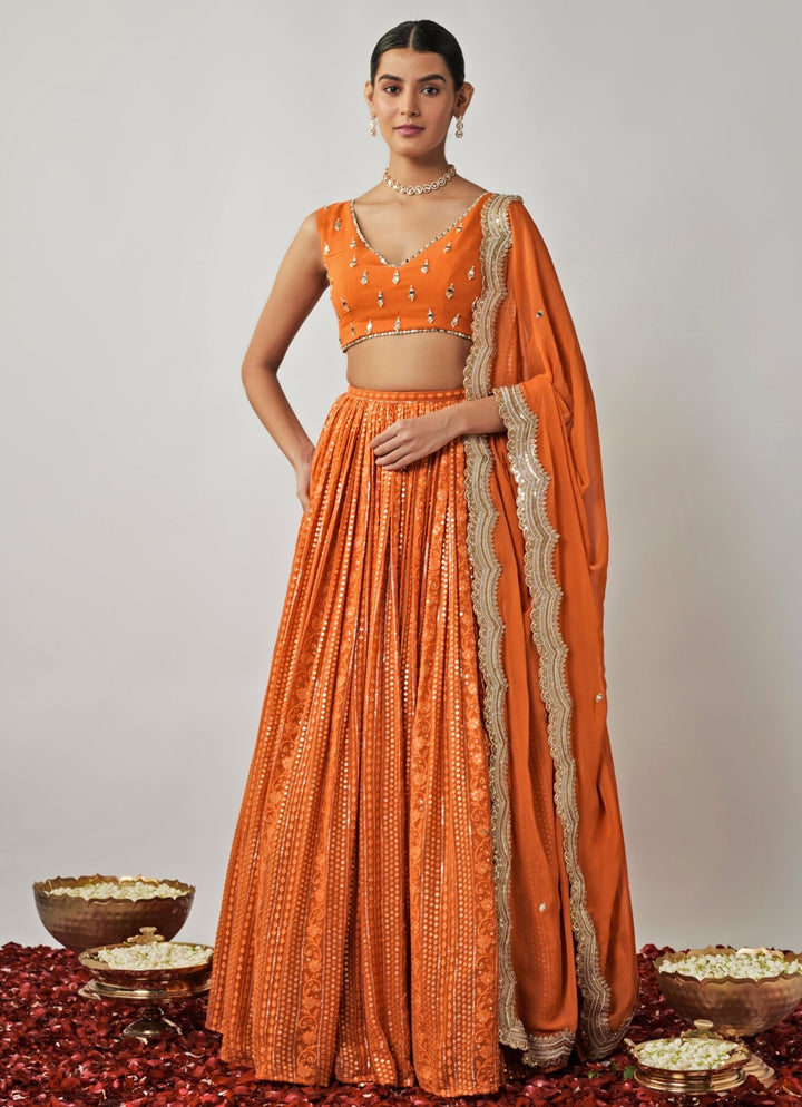 Orange Embroidered Kalidar Lehenga Set Renee Label - Fabilicious Fashion