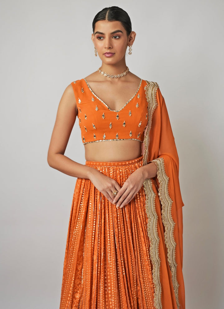 Orange Embroidered Kalidar Lehenga Set Renee Label - Fabilicious Fashion