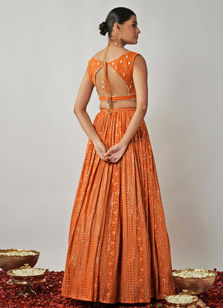 Orange Embroidered Kalidar Lehenga Set Renee Label - Fabilicious Fashion