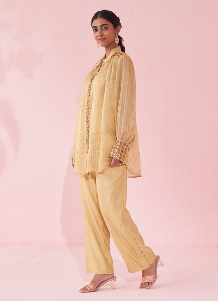 Pale Yellow Embroidered Organza Shirt Pants Set Studio Bagechaa - Fabilicious Fashion
