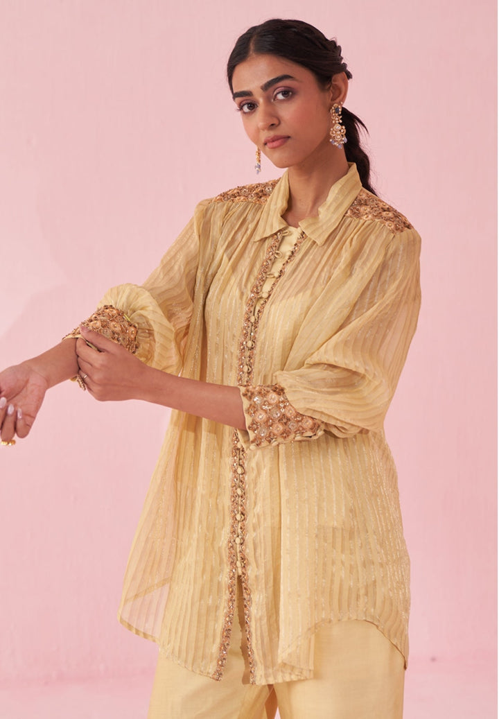 Pale Yellow Embroidered Organza Shirt Pants Set Studio Bagechaa - Fabilicious Fashion