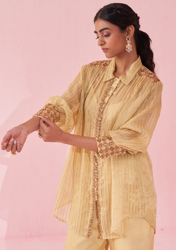 Pale Yellow Embroidered Organza Shirt Pants Set Studio Bagechaa - Fabilicious Fashion