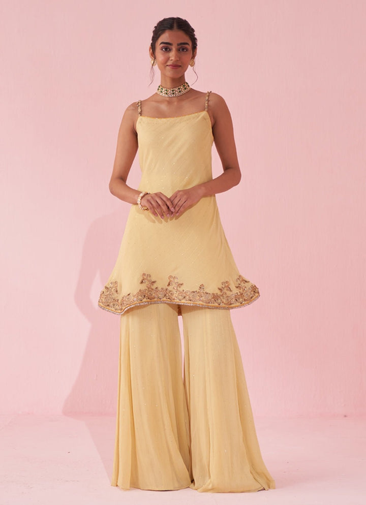 Pale Yellow Georgette Kurta Sharara Set Studio Bagechaa - Fabilicious Fashion
