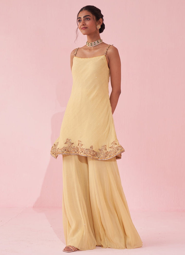 Pale Yellow Georgette Kurta Sharara Set Studio Bagechaa - Fabilicious Fashion