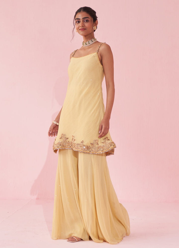 Pale Yellow Georgette Kurta Sharara Set Studio Bagechaa - Fabilicious Fashion