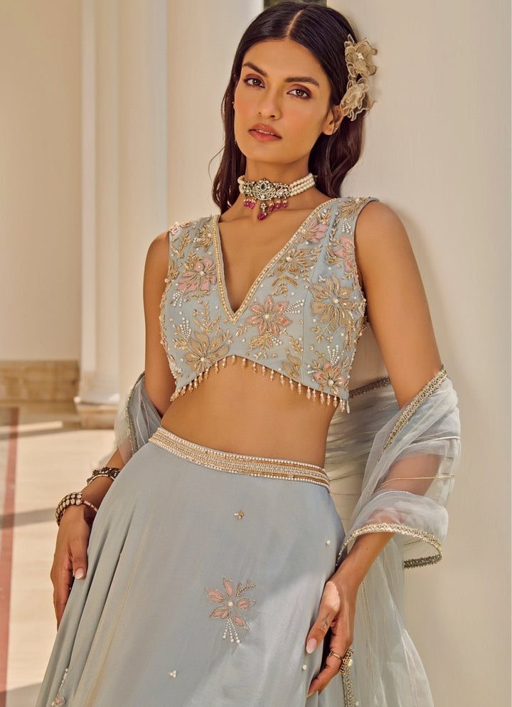 Pastel Blue Embroidered Tissue Lehenga Parul Gandhi - Fabilicious Fashion