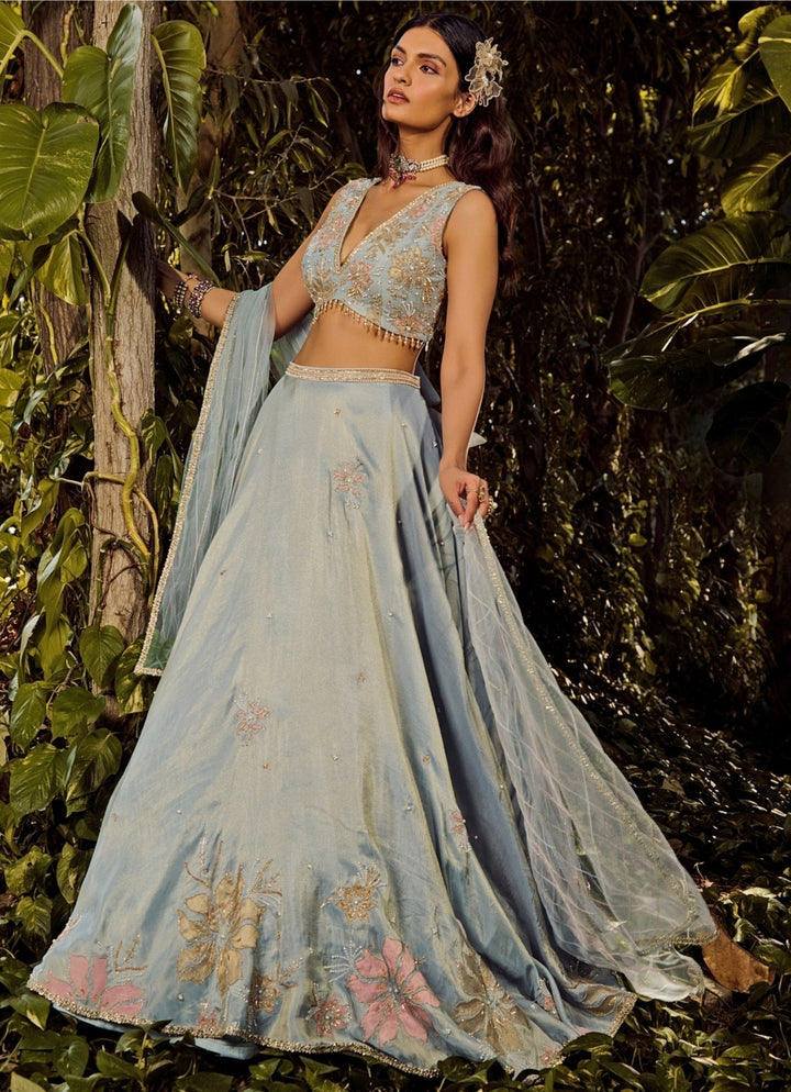 Pastel Blue Embroidered Tissue Lehenga Parul Gandhi - Fabilicious Fashion