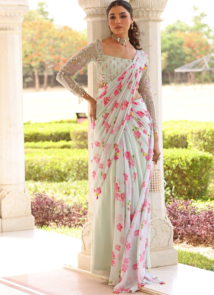 Pastel Green Floral Print Georgette Predraped Saree Set Manisha Soni - Fabilicious Fashion