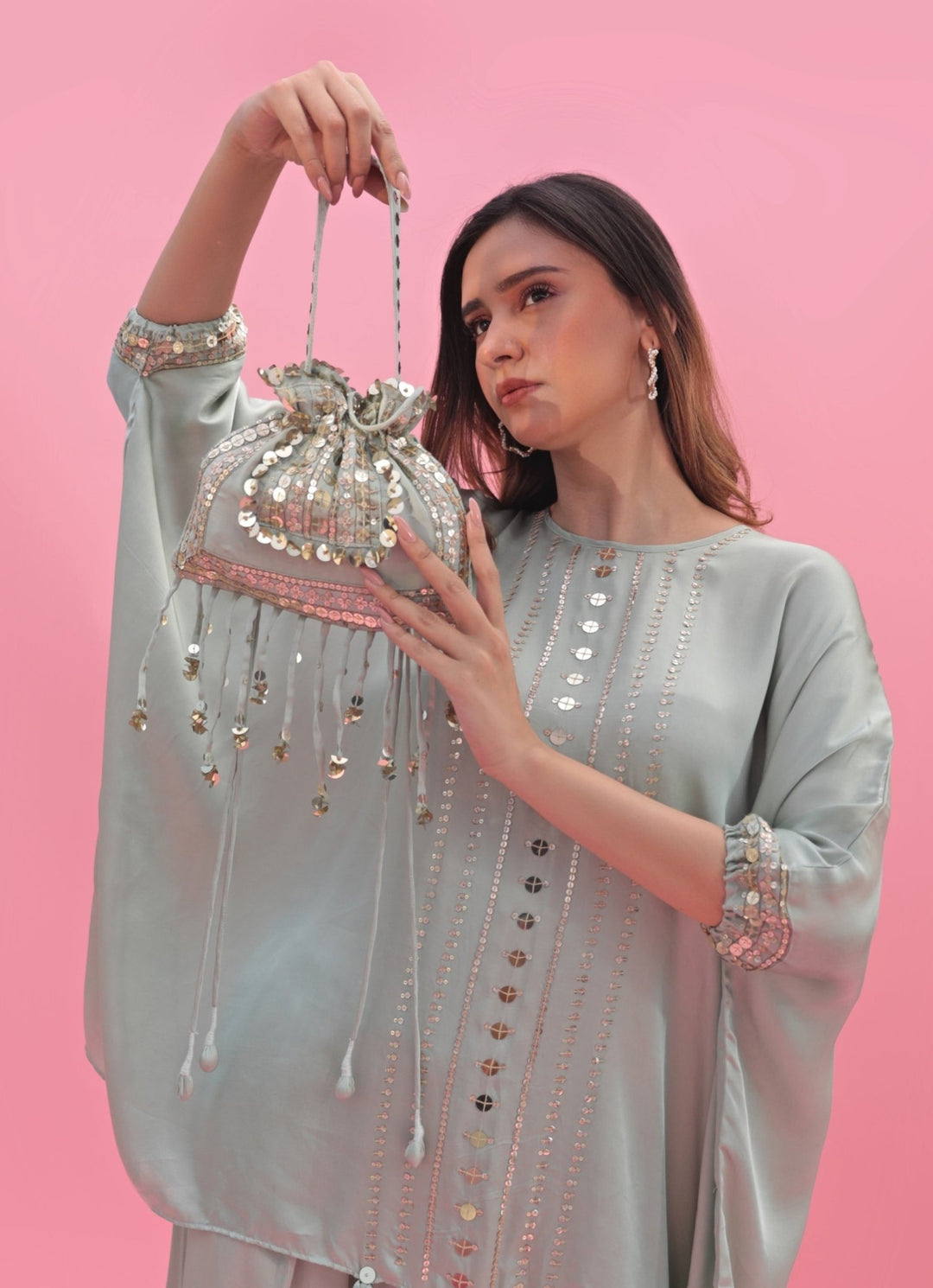 Pastel Green Hand Embroidered Potli Bag Prahnaaya - Fabilicious Fashion