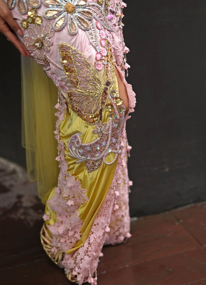 Pastel Pink And Yellow Lyra Pre Draped Saree Moledro - Fabilicious Fashion