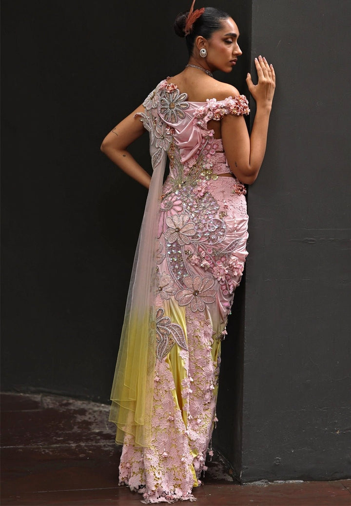 Pastel Pink And Yellow Lyra Pre Draped Saree Moledro - Fabilicious Fashion