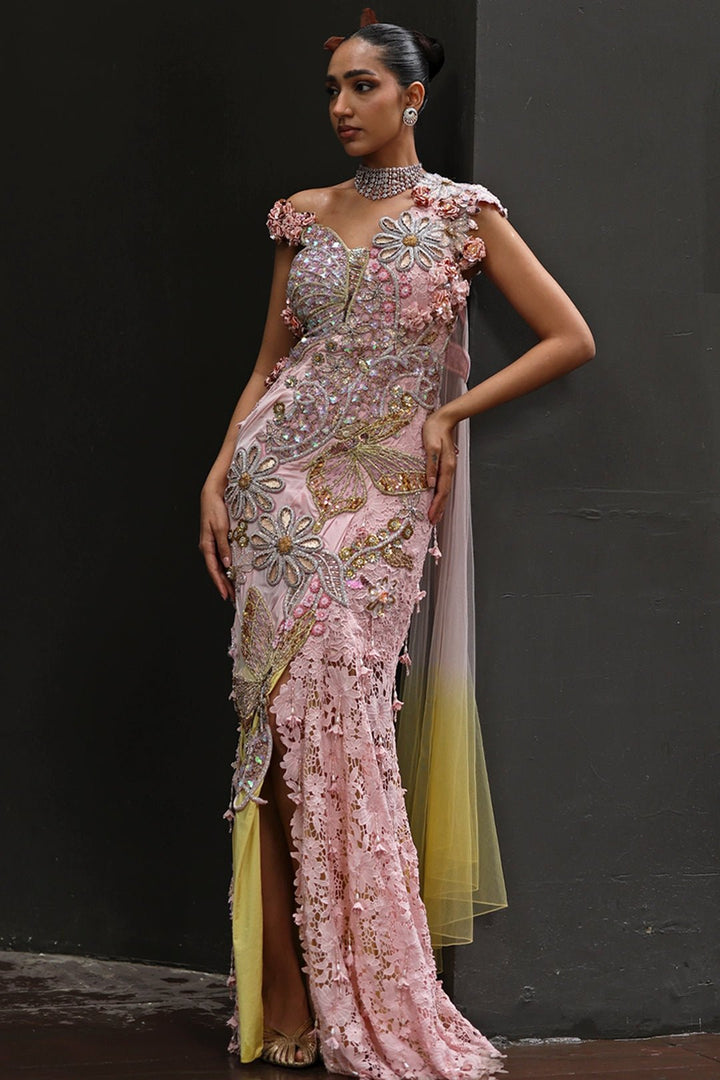 Pastel Pink And Yellow Lyra Pre Draped Saree Moledro - Fabilicious Fashion