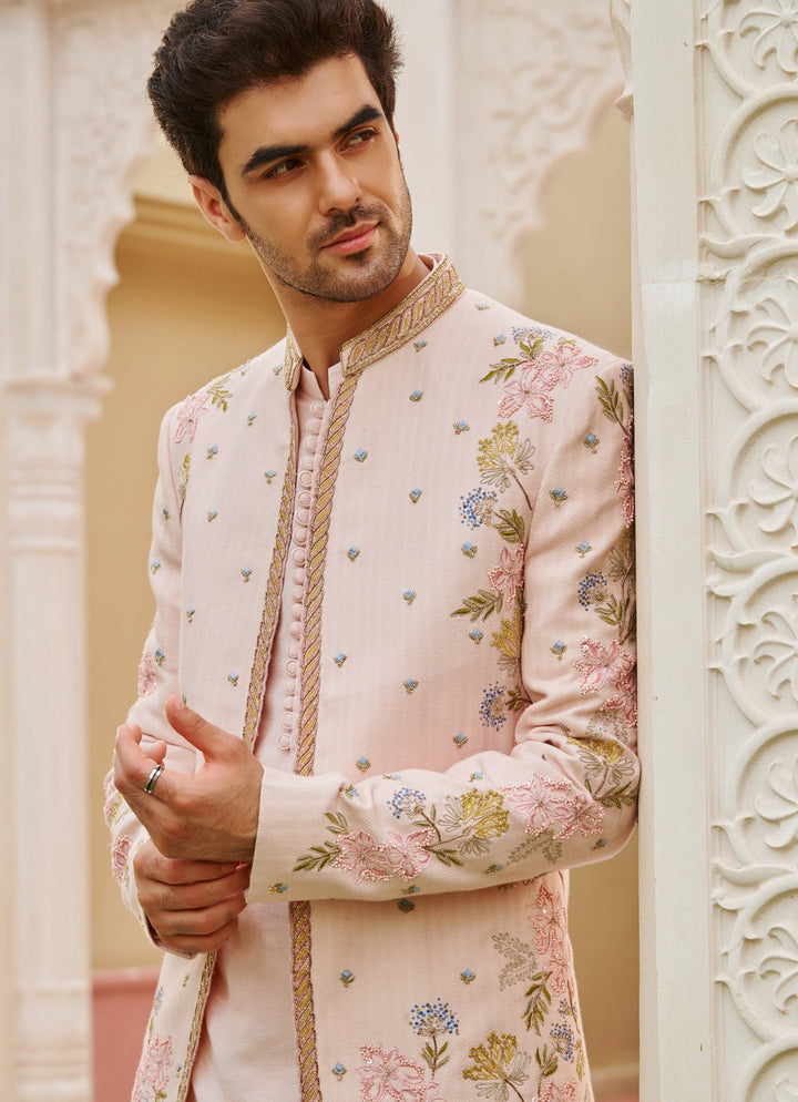Pastel Pink Embroidered Bandhgala Jacket Set Contrast By Parth - Fabilicious Fashion