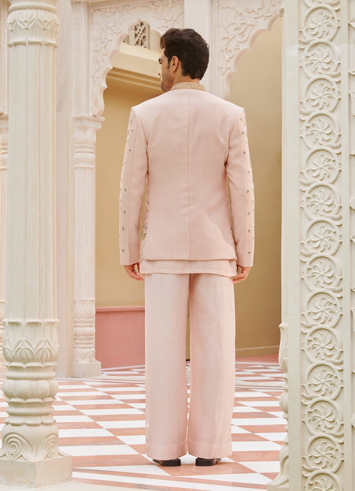 Pastel Pink Embroidered Bandhgala Jacket Set Contrast By Parth - Fabilicious Fashion