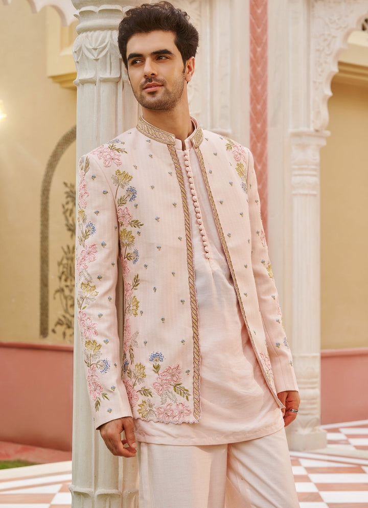 Pastel Pink Embroidered Bandhgala Jacket Set Contrast By Parth - Fabilicious Fashion