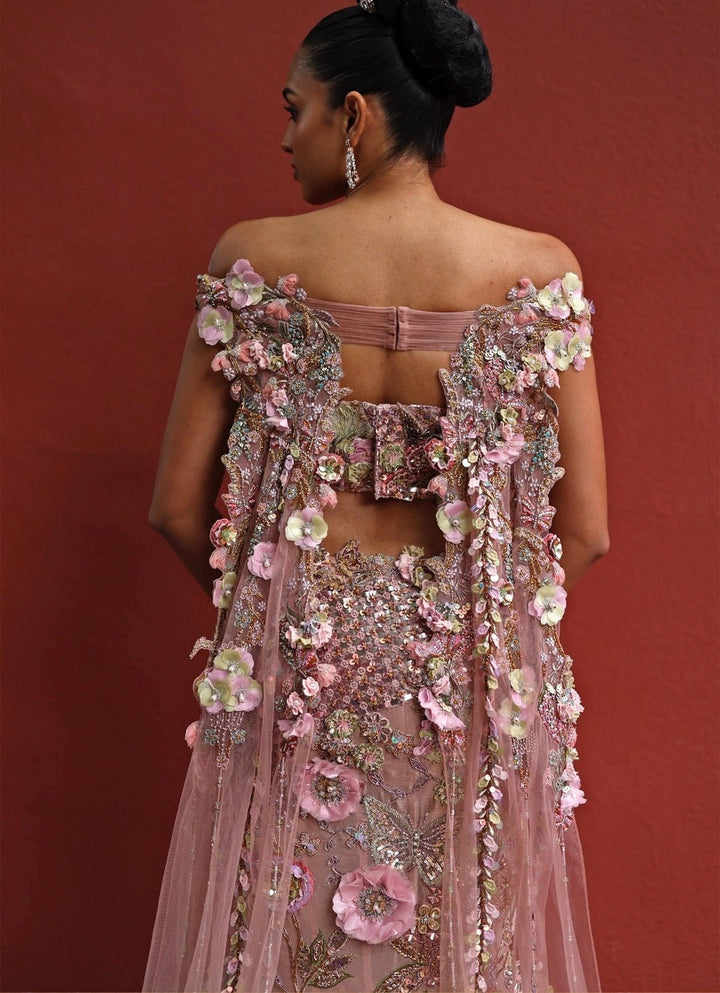 Pastel Pink Floral Mermaid Tissue Lehenga Set Moledro - Fabilicious Fashion