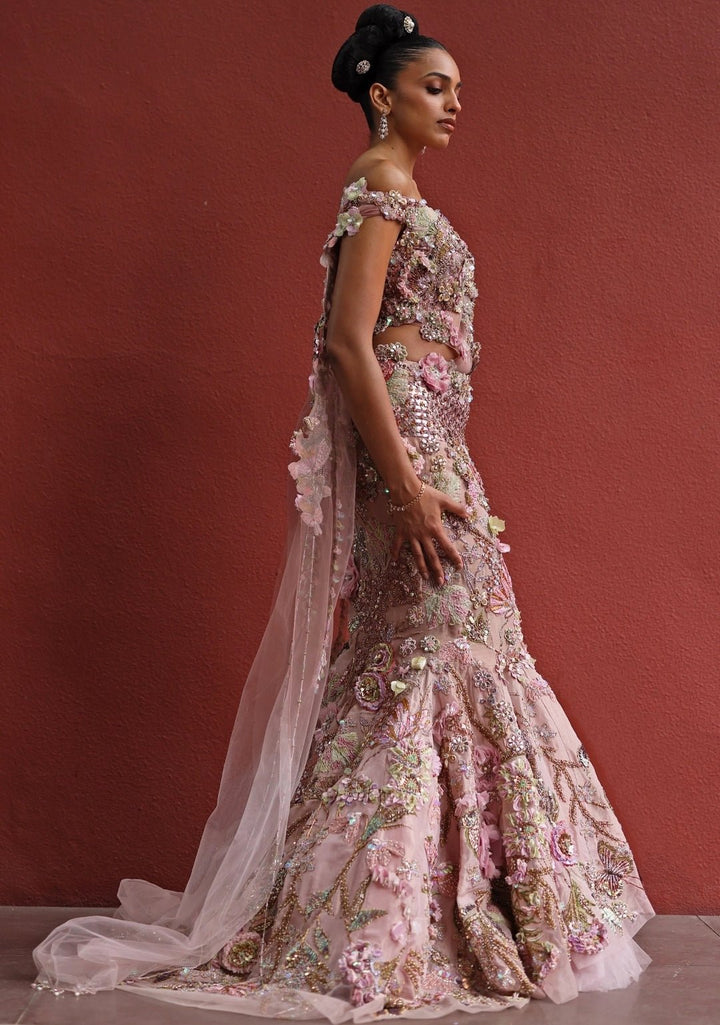 Pastel Pink Floral Mermaid Tissue Lehenga Set Moledro - Fabilicious Fashion