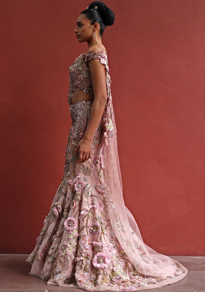 Pastel Pink Floral Mermaid Tissue Lehenga Set Moledro - Fabilicious Fashion