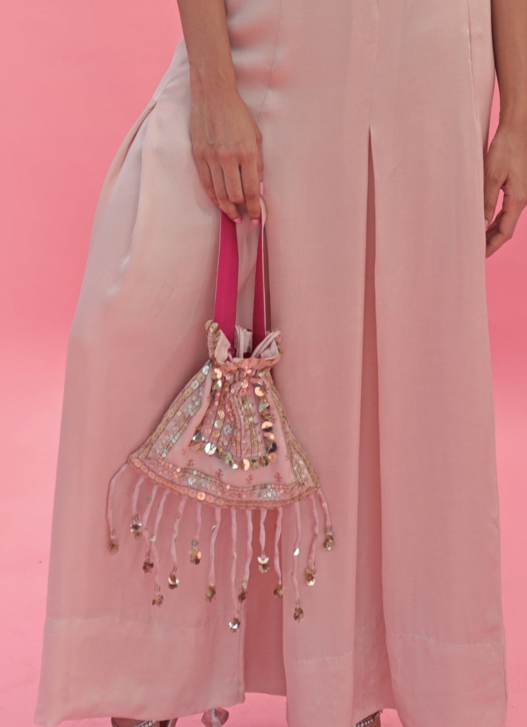 Pastel Pink Hand Embroidered Potli Bag Prahnaaya - Fabilicious Fashion