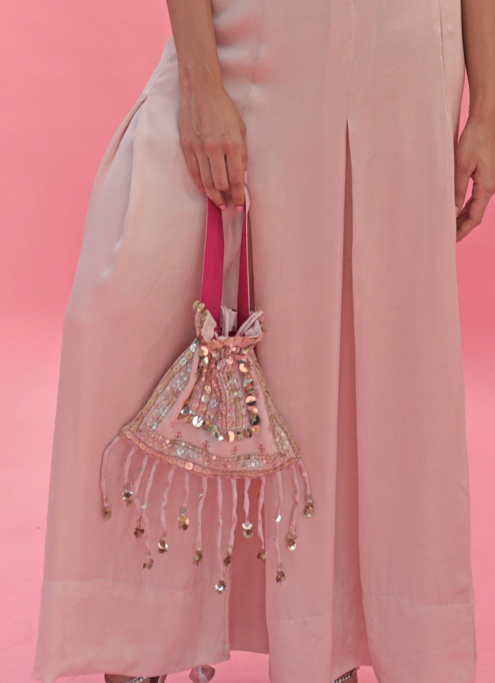Pastel Pink Hand Embroidered Potli Bag Prahnaaya - Fabilicious Fashion
