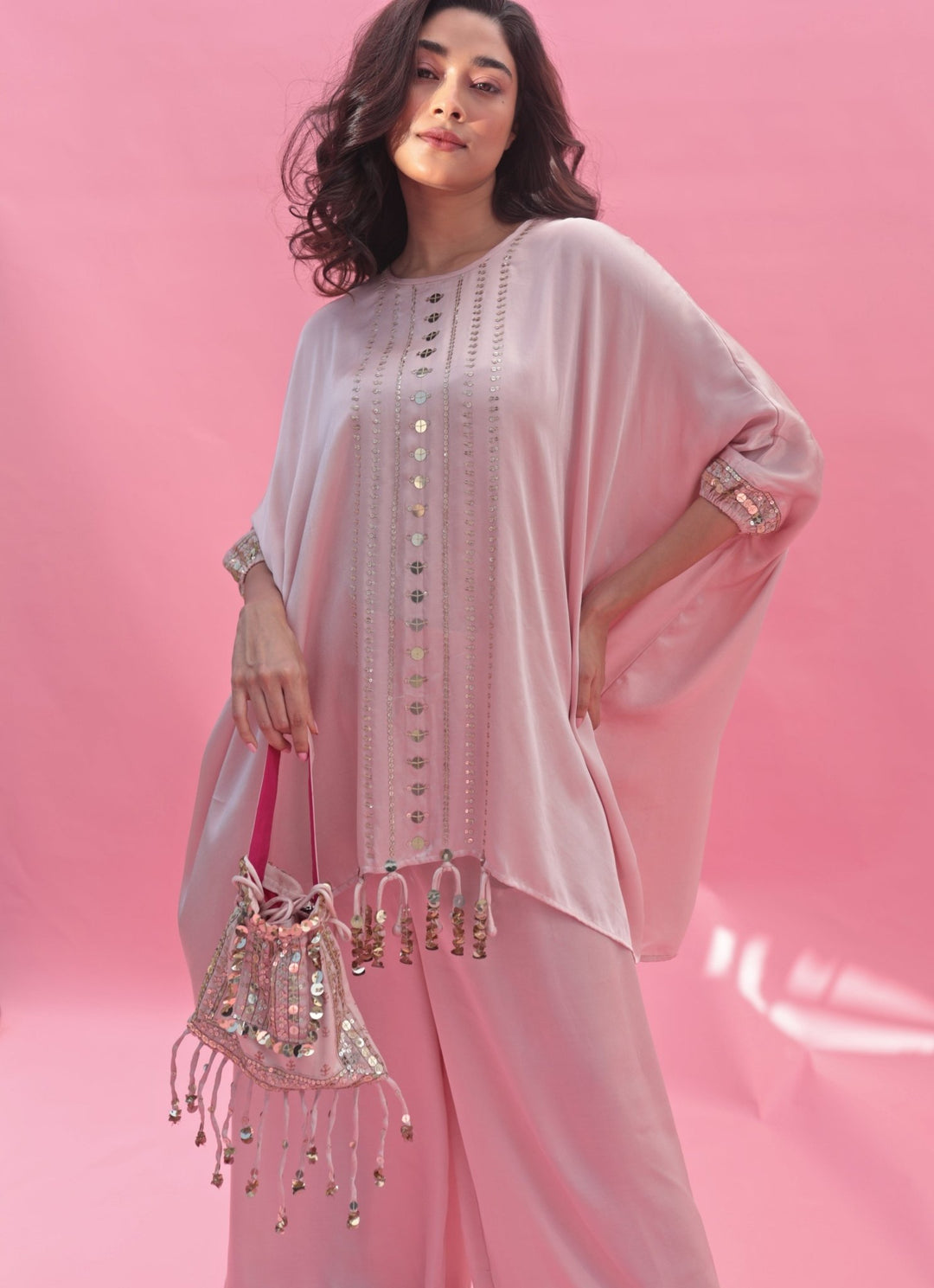 Pastel Pink Hand Embroidered Potli Bag Prahnaaya - Fabilicious Fashion