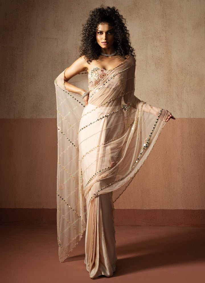 Pastel Pink Pre Draped Satin Saree With Bustier Blouse Quench A Thirst - Fabilicious Fashion
