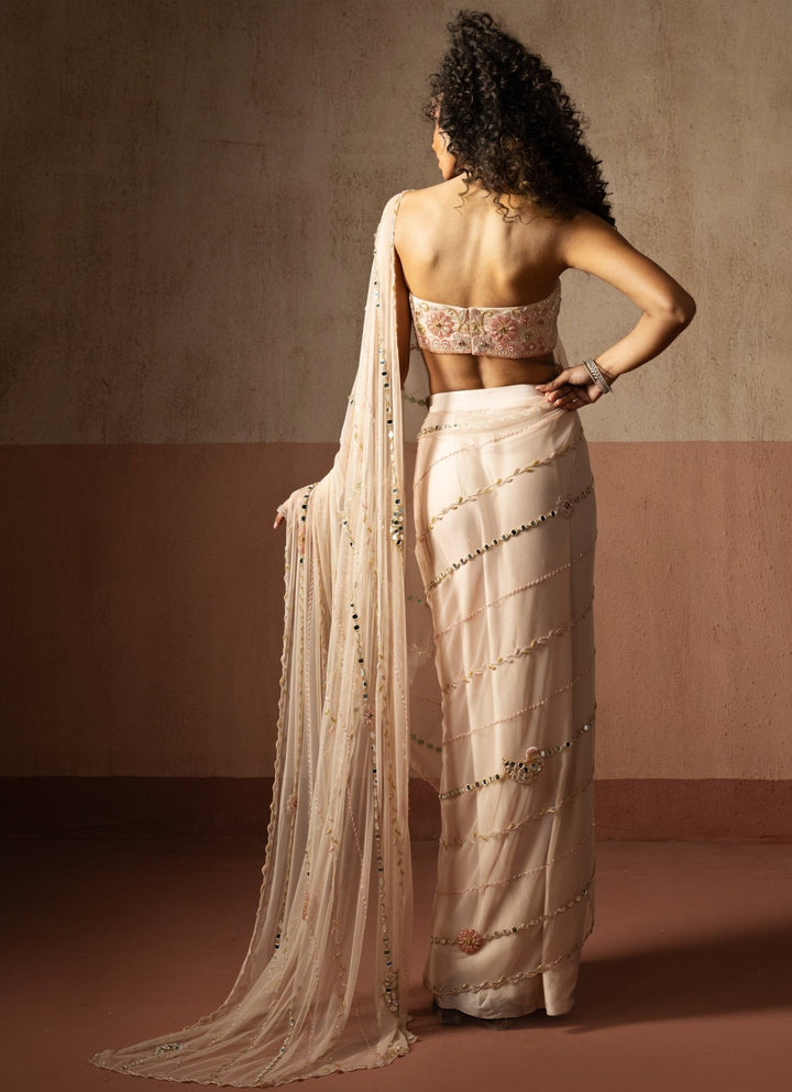 Pastel Pink Pre Draped Satin Saree With Bustier Blouse Quench A Thirst - Fabilicious Fashion