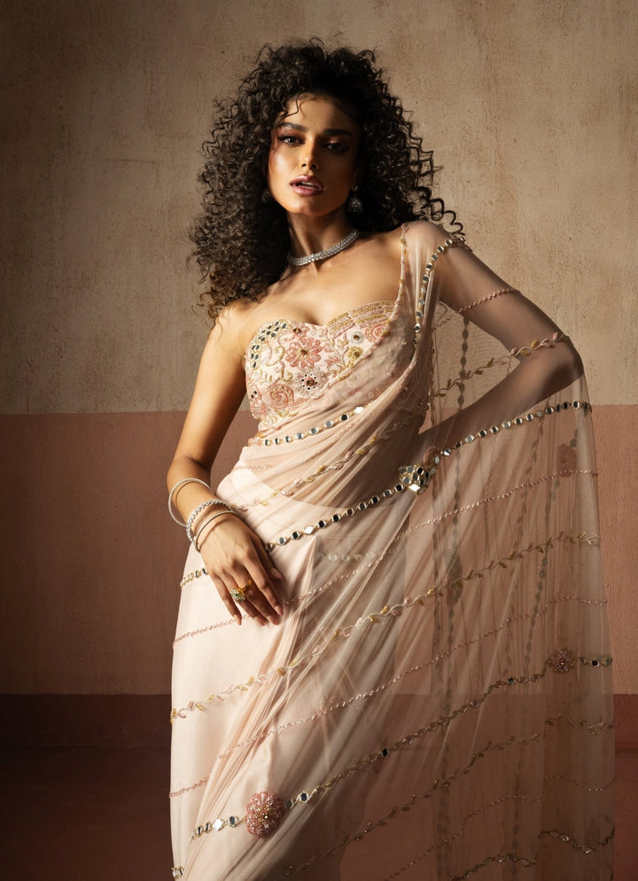 Pastel Pink Pre Draped Satin Saree With Bustier Blouse Quench A Thirst - Fabilicious Fashion