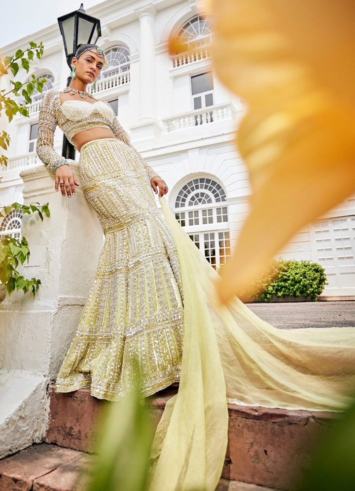 Pastel Yellow Crystal Embroidered Mermaid Lehenga Set Mani Bhatia - Fabilicious Fashion