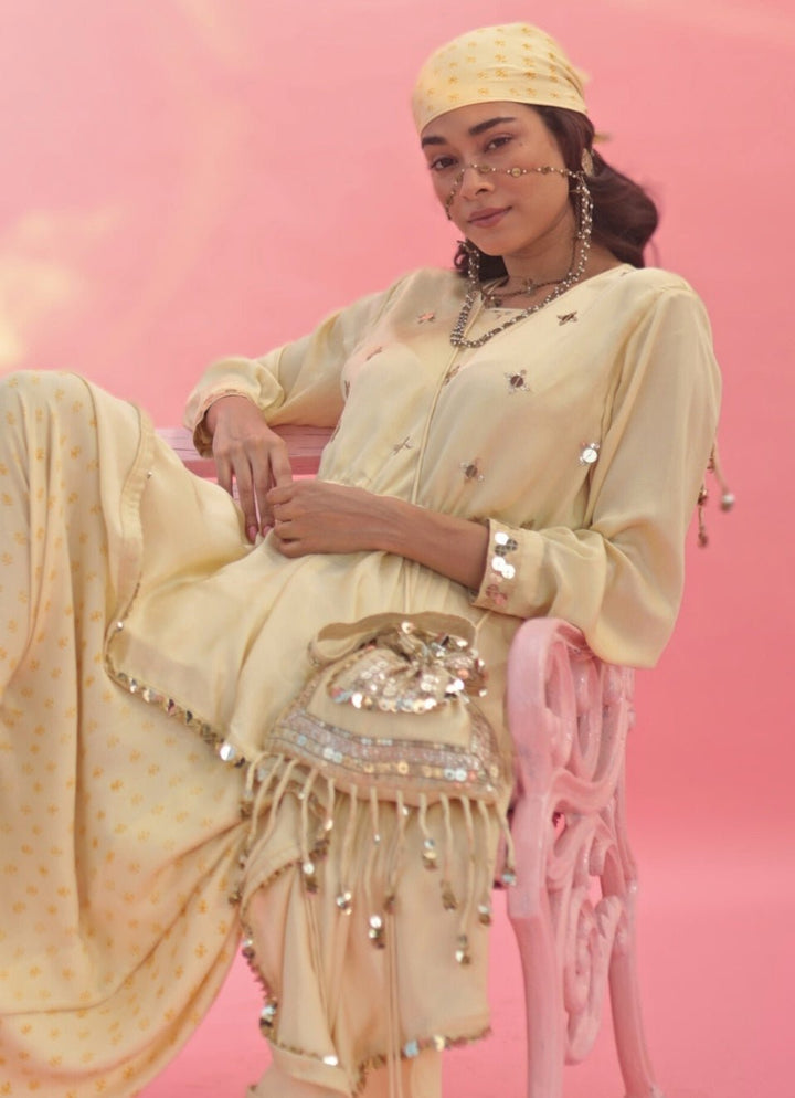 Pastel Yellow Embroidered Potli Bag Prahnaaya - Fabilicious Fashion