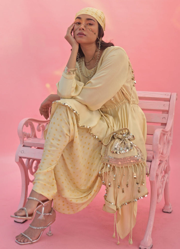 Pastel Yellow Embroidered Potli Bag Prahnaaya - Fabilicious Fashion