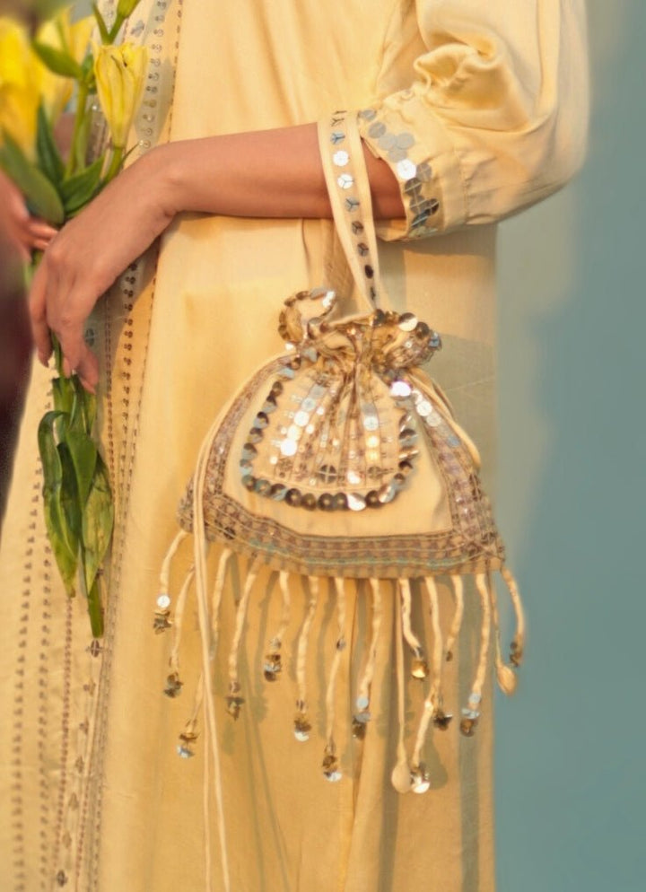 Pastel Yellow Embroidered Potli Bag Prahnaaya - Fabilicious Fashion