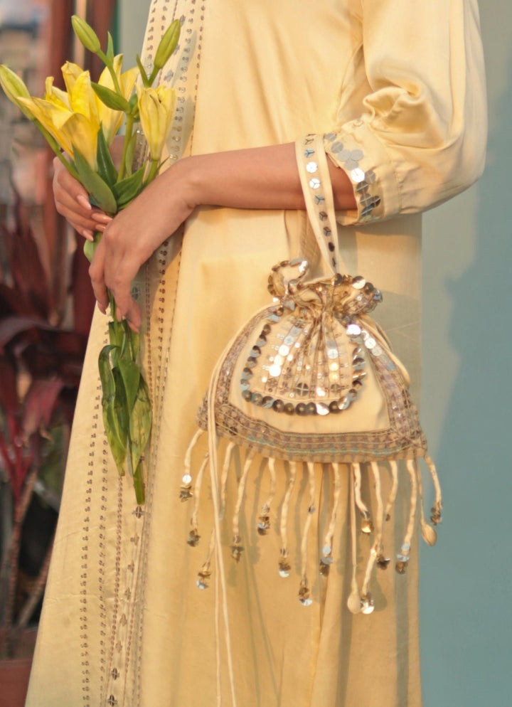 Pastel Yellow Embroidered Potli Bag Prahnaaya - Fabilicious Fashion