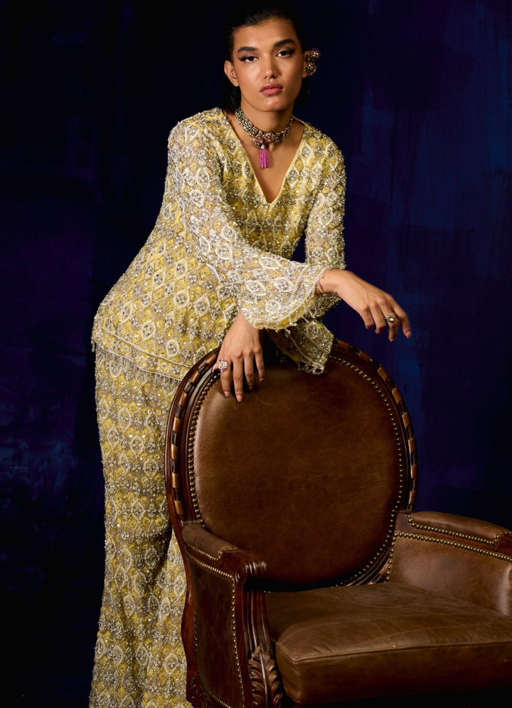Pastel Yellow Gold And Silver Embroidered Kurta Palazzo Set Mani Bhatia - Fabilicious Fashion