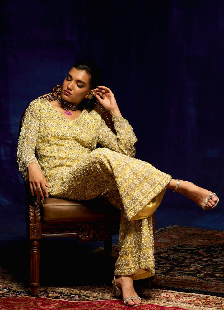 Pastel Yellow Gold And Silver Embroidered Kurta Palazzo Set Mani Bhatia - Fabilicious Fashion